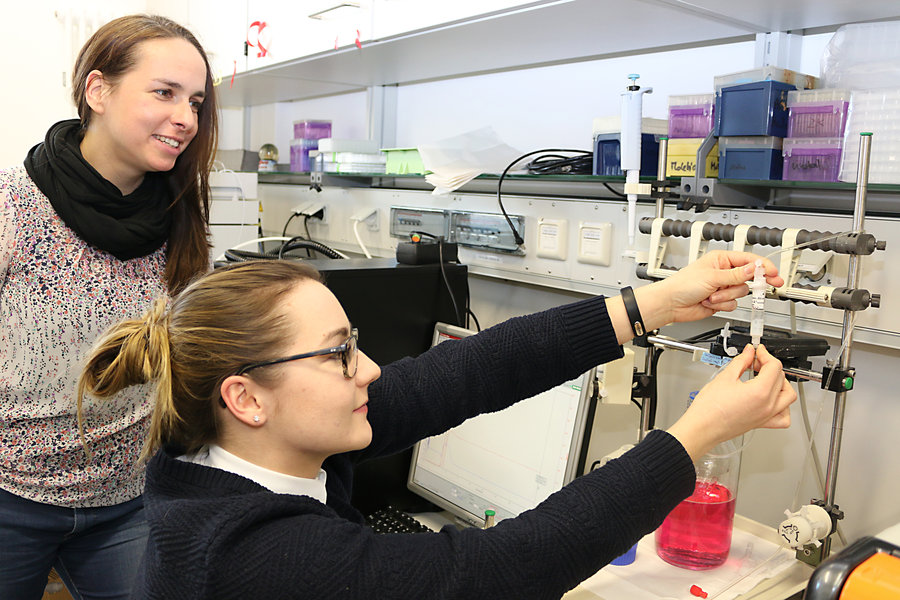 Pamela Holzlöhner (links) und ihre studentische Hilfskraft Nicole Hebel reinigen das Plasma von Kamelen. (Foto: PRpetuum GmbH)