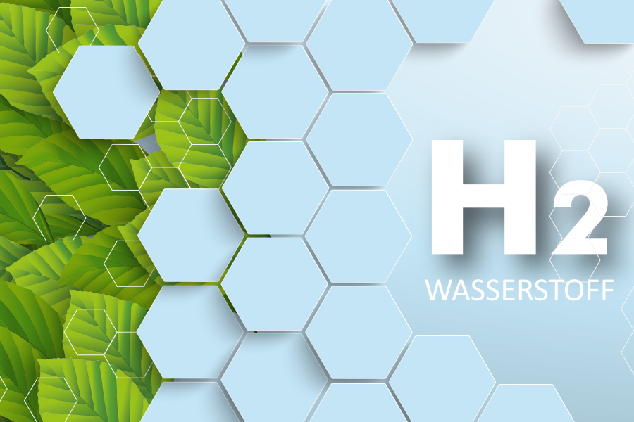 Illustration: Grüne Blätter und Wasserstoff-Teilchen